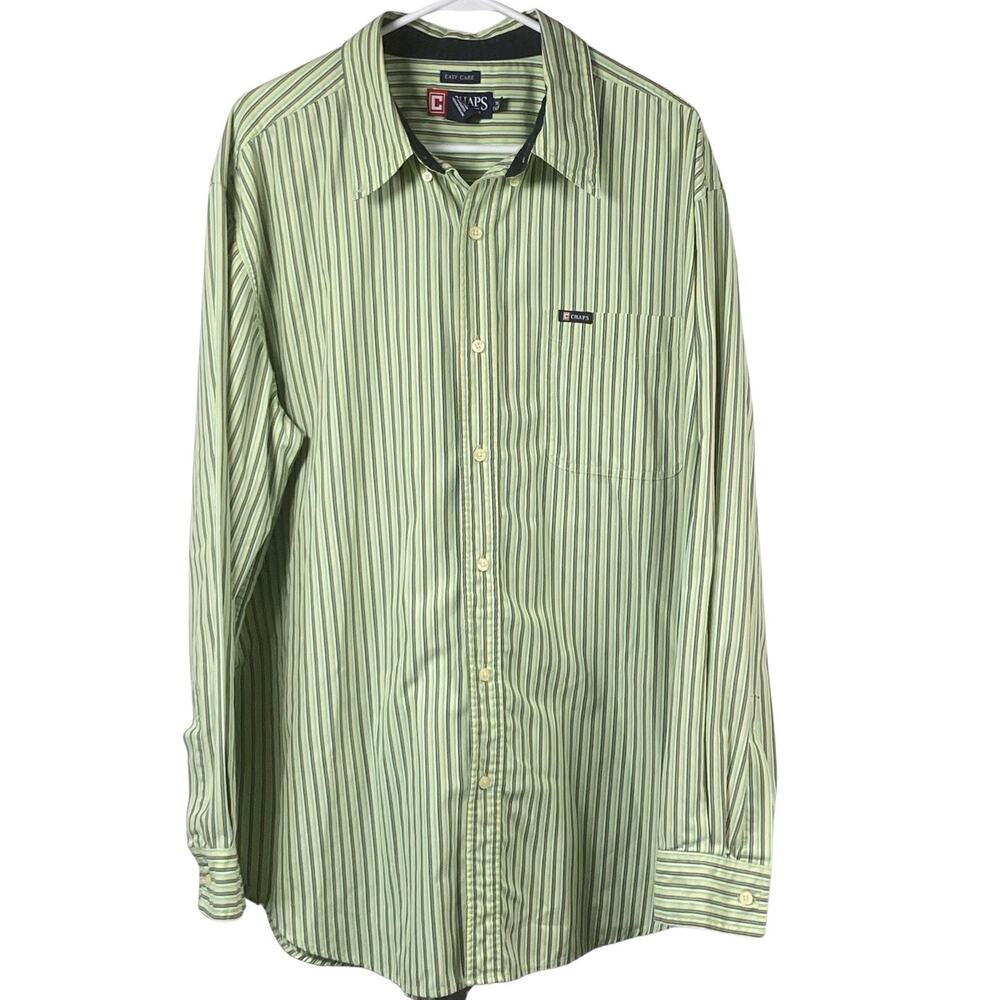Chaps Mens XL Button Down Shirt Long Sleeve Striped Green Pocket Casual